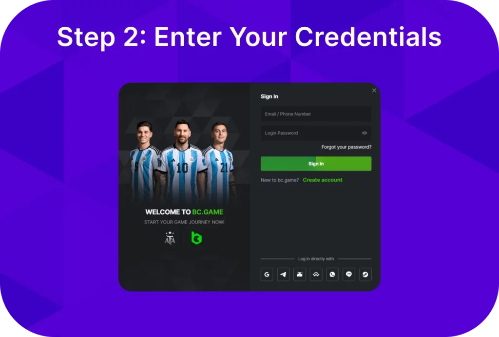 Second step for signing in BC.Game